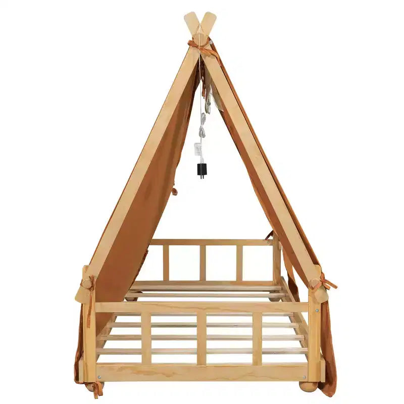 Okak Twin/Full House-Shaped Floor Canopy Beds with Tent & Light Decor,Platform Bed Frame for Kids,Teens,No Spring Box Needed