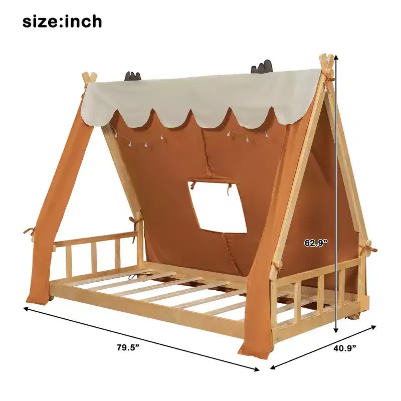 Okak Twin/Full House-Shaped Floor Canopy Beds with Tent & Light Decor,Platform Bed Frame for Kids,Teens,No Spring Box Needed