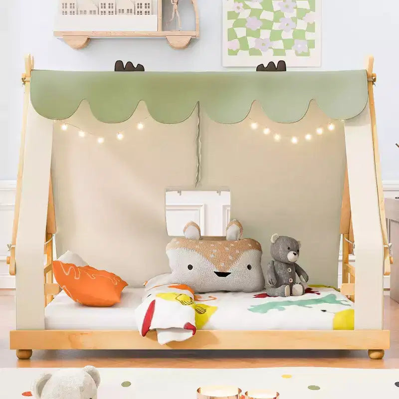 Okak Twin/Full House-Shaped Floor Canopy Beds with Tent & Light Decor,Platform Bed Frame for Kids,Teens,No Spring Box Needed