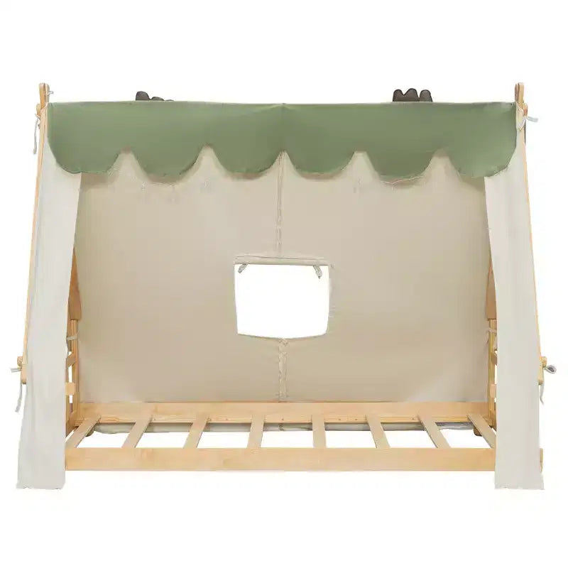 Okak Twin/Full House-Shaped Floor Canopy Beds with Tent & Light Decor,Platform Bed Frame for Kids,Teens,No Spring Box Needed