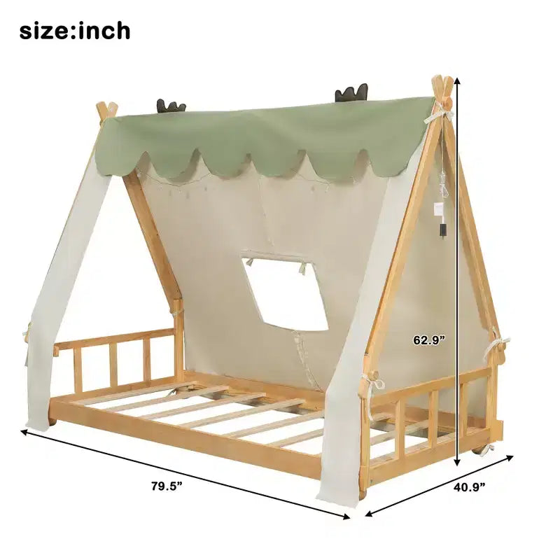 Okak Twin/Full House-Shaped Floor Canopy Beds with Tent & Light Decor,Platform Bed Frame for Kids,Teens,No Spring Box Needed