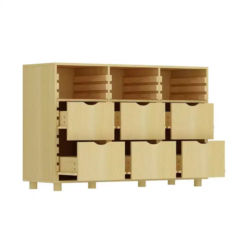 Hitow Farmhouse Buffet Sideboard Adjustable 6-Drawer Cabinet Solid Wood Slats Kitchen & Dining Storage Cabinet Kitchen Pantry Storage Solution