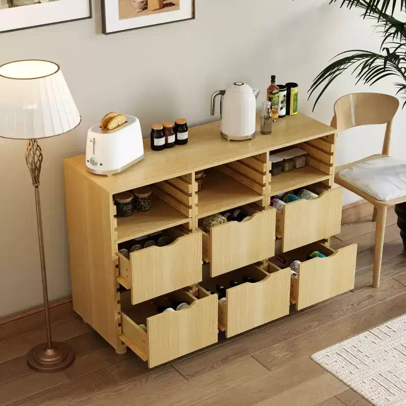 Hitow Farmhouse Buffet Sideboard Adjustable 6-Drawer Cabinet Solid Wood Slats Kitchen & Dining Storage Cabinet Kitchen Pantry Storage Solution