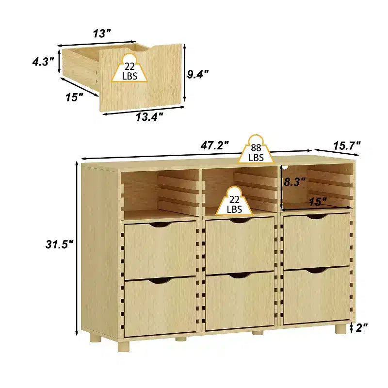 Hitow Farmhouse Buffet Sideboard Adjustable 6-Drawer Cabinet Solid Wood Slats Kitchen & Dining Storage Cabinet Kitchen Pantry Storage Solution