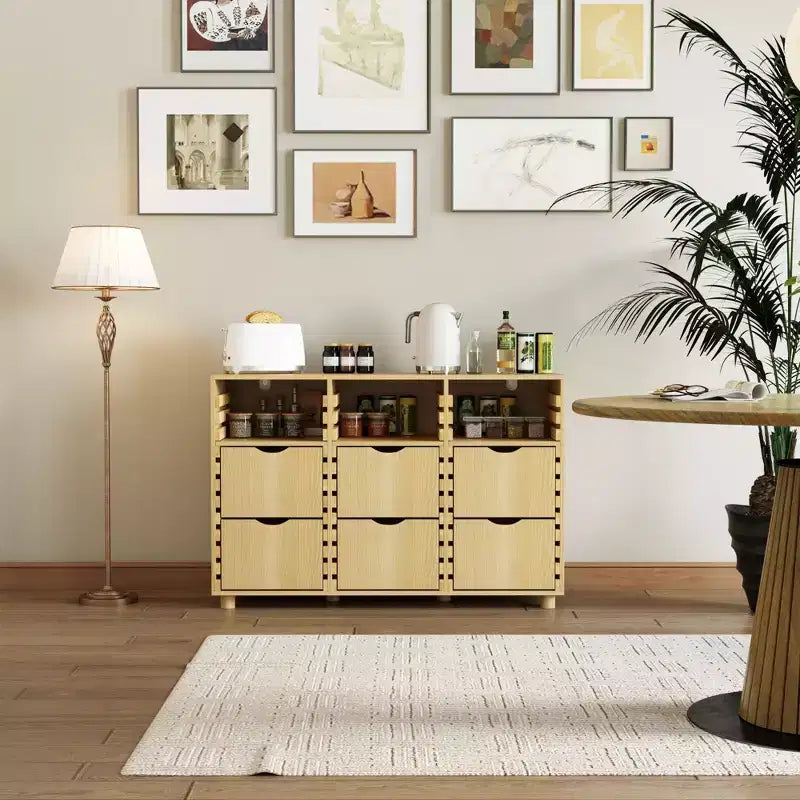 Hitow Farmhouse Buffet Sideboard Adjustable 6-Drawer Cabinet Solid Wood Slats Kitchen & Dining Storage Cabinet Kitchen Pantry Storage Solution