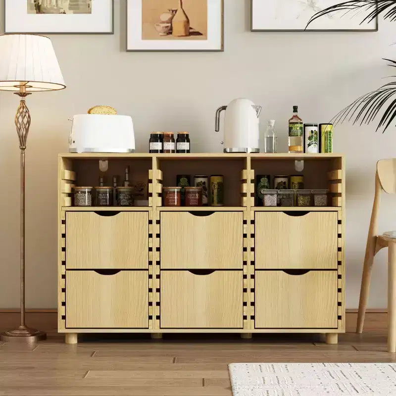 Hitow Farmhouse Buffet Sideboard Adjustable 6-Drawer Cabinet Solid Wood Slats Kitchen & Dining Storage Cabinet Kitchen Pantry Storage Solution