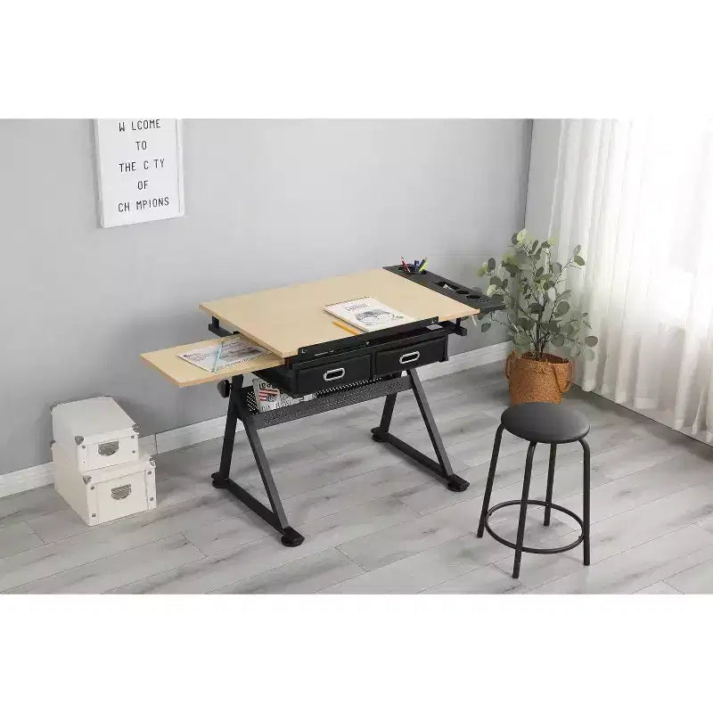 Adjustable Height Drawing Table with 0-75 Tilt, Adult Art Table, with Two Storage Drawers and a Stool, Art Table, Painter Drawing Table, White Oak
