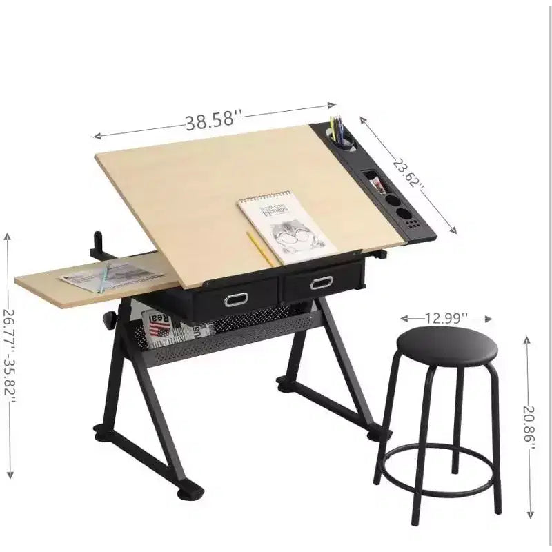 Adjustable Height Drawing Table with 0-75 Tilt, Adult Art Table, with Two Storage Drawers and a Stool, Art Table, Painter Drawing Table, White Oak