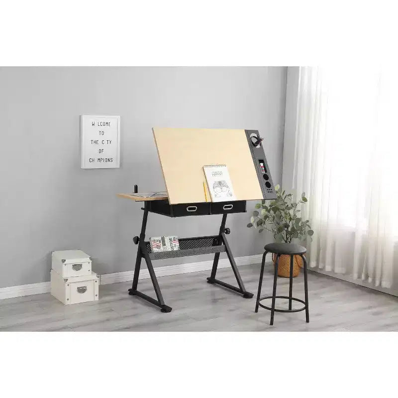 Adjustable Height Drawing Table with 0-75 Tilt, Adult Art Table, with Two Storage Drawers and a Stool, Art Table, Painter Drawing Table, White Oak