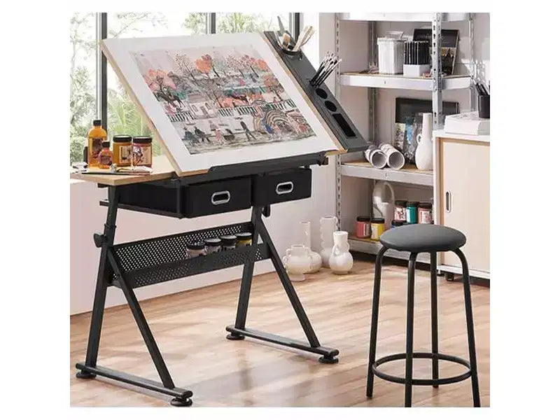 Adjustable Height Drawing Table with 0-75 Tilt, Adult Art Table, with Two Storage Drawers and a Stool, Art Table, Painter Drawing Table, White Oak