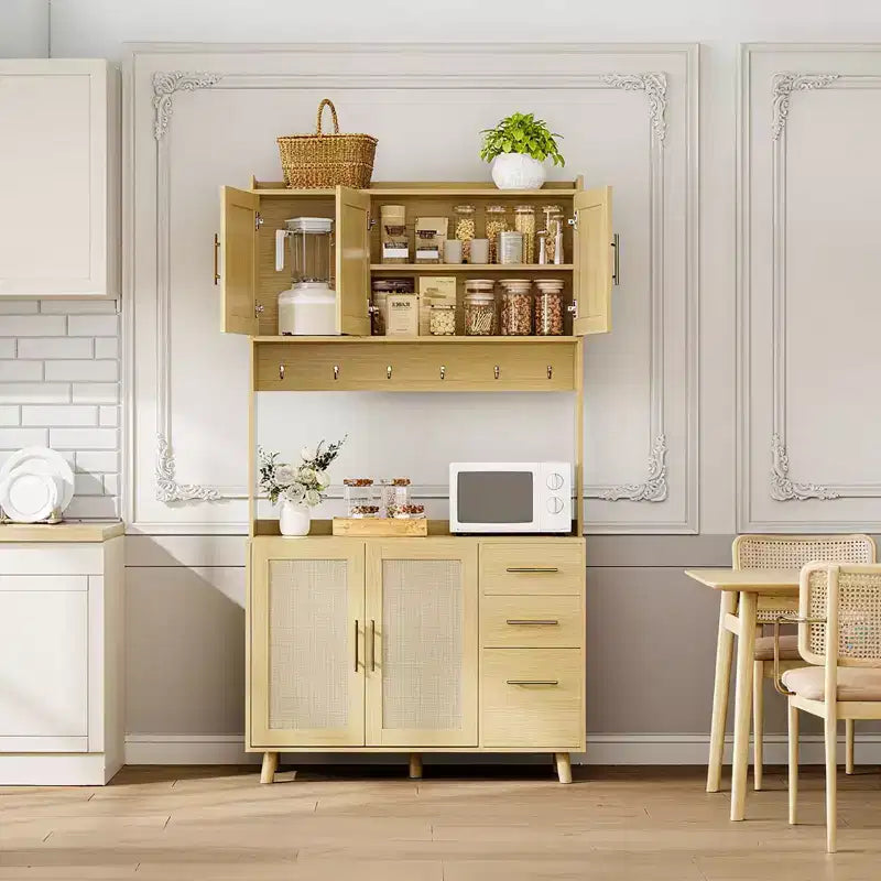 71 Rattan Kitchen Pantry Storage Cabinet, Buffet Cabinet with Microwave Stand, Adjustable Shelves and 6 Hooks Natural