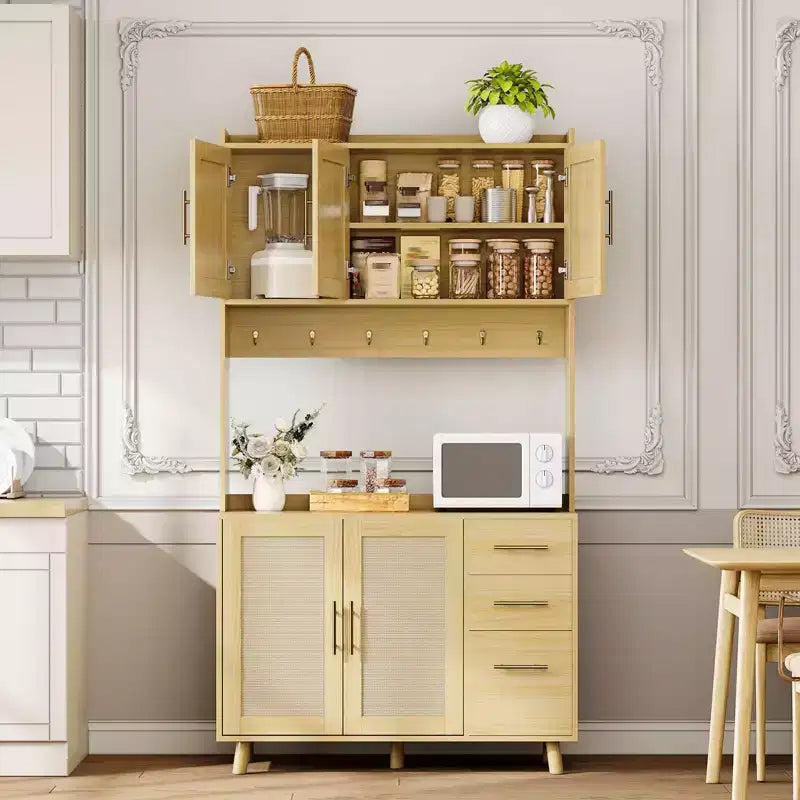 71 Rattan Kitchen Pantry Storage Cabinet, Buffet Cabinet with Microwave Stand, Adjustable Shelves and 6 Hooks Natural