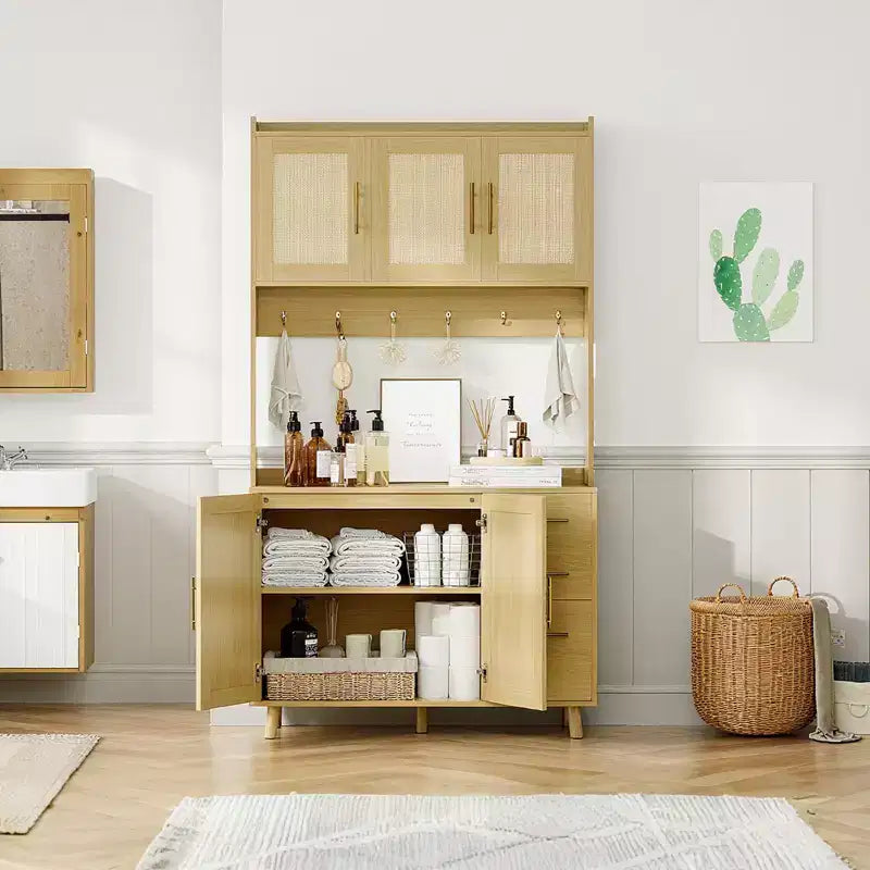 71 Rattan Kitchen Pantry Storage Cabinet, Buffet Cabinet with Microwave Stand, Adjustable Shelves and 6 Hooks Natural