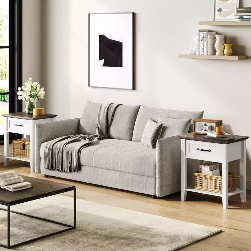 Nightstand with Storage Drawer & Open Shelf - Farmhouse End Table for Bedroom/Living Room