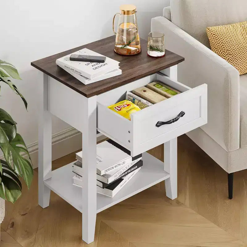 Nightstand with Storage Drawer & Open Shelf - Farmhouse End Table for Bedroom/Living Room