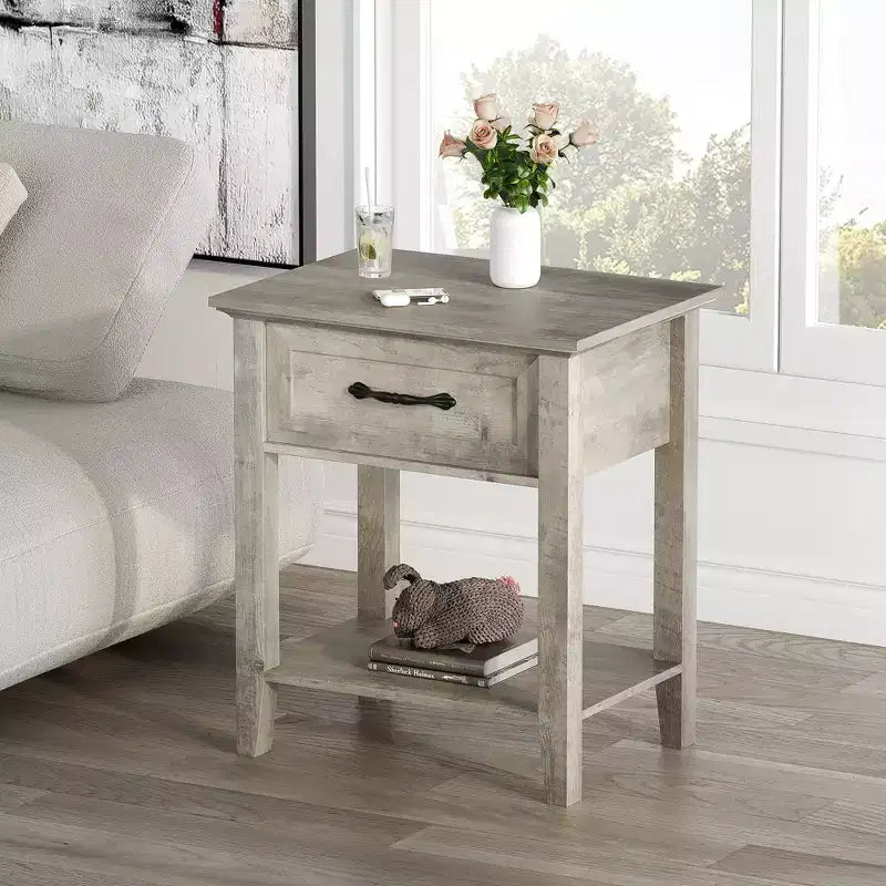 Nightstand with Storage Drawer & Open Shelf - Farmhouse End Table for Bedroom/Living Room