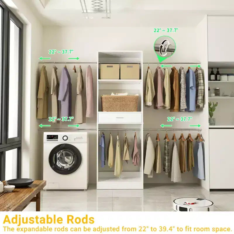 Besiost 8FT Closet Organizer with Extendable Hanging Rod, Wood Closet System with Drawer