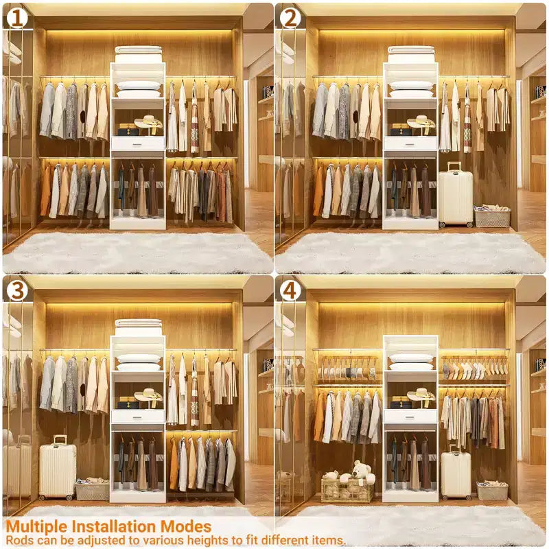 Besiost 8FT Closet Organizer with Extendable Hanging Rod, Wood Closet System with Drawer