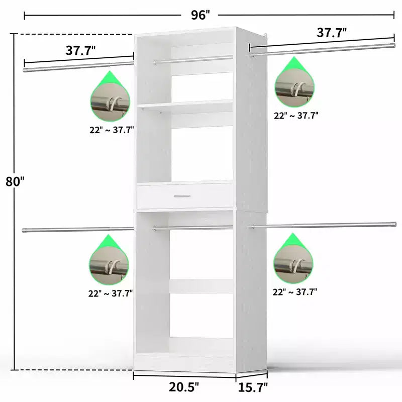 Besiost 8FT Closet Organizer with Extendable Hanging Rod, Wood Closet System with Drawer