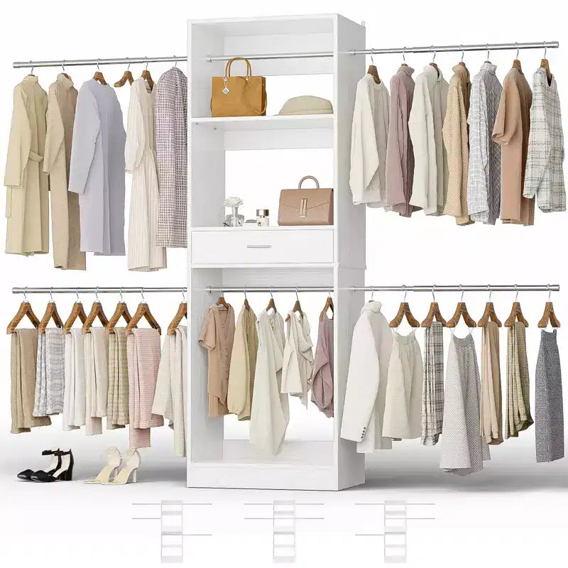 Besiost 8FT Closet Organizer with Extendable Hanging Rod, Wood Closet System with Drawer
