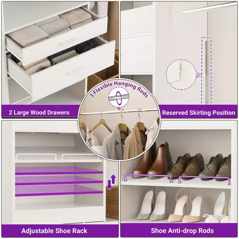 Besiost 8FT Closet Organizer with Extendable Hanging Rod, Wood Closet System with Drawer