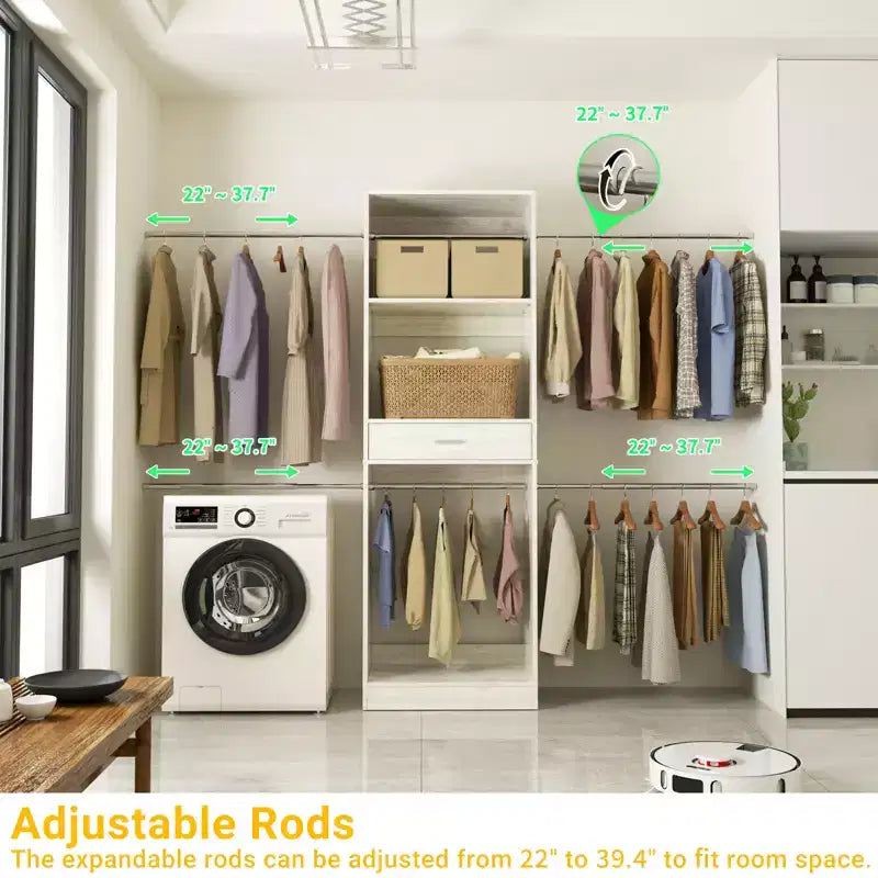 Besiost 8FT Closet Organizer with Extendable Hanging Rod, Wood Closet System with Drawer