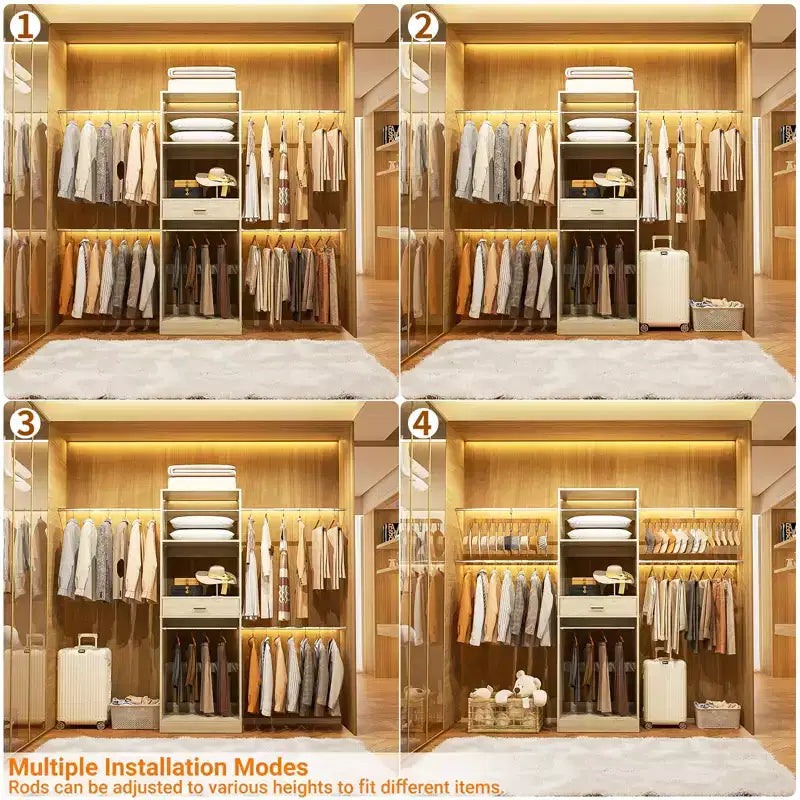 Besiost 8FT Closet Organizer with Extendable Hanging Rod, Wood Closet System with Drawer