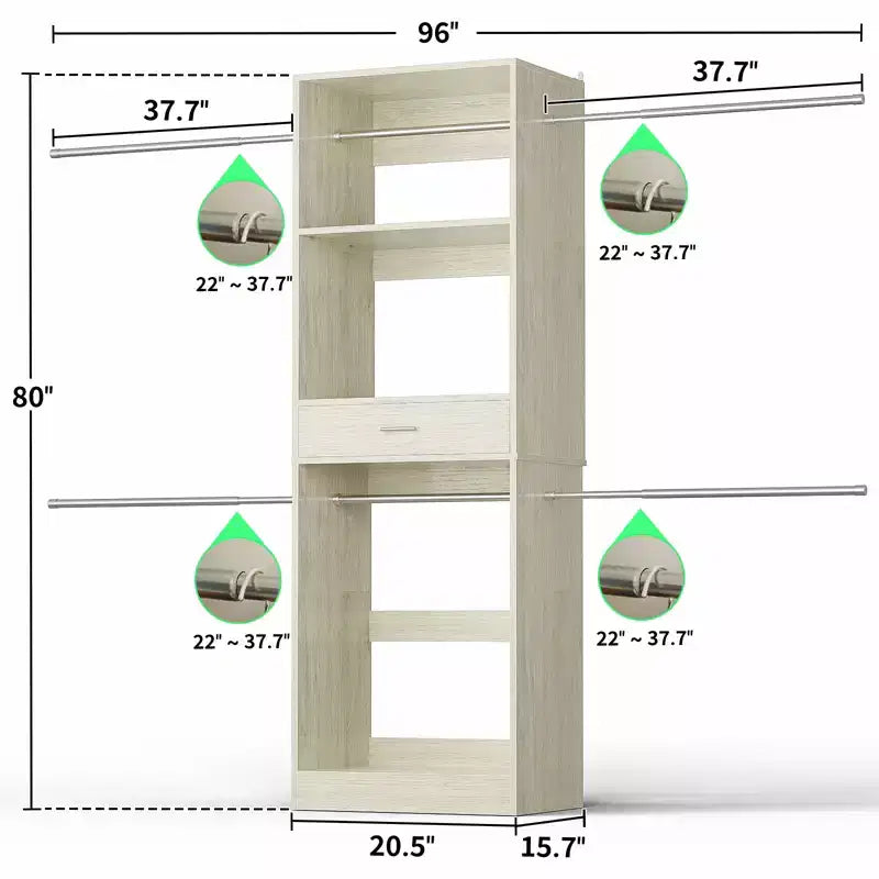 Besiost 8FT Closet Organizer with Extendable Hanging Rod, Wood Closet System with Drawer