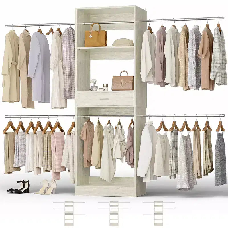 Besiost 8FT Closet Organizer with Extendable Hanging Rod, Wood Closet System with Drawer
