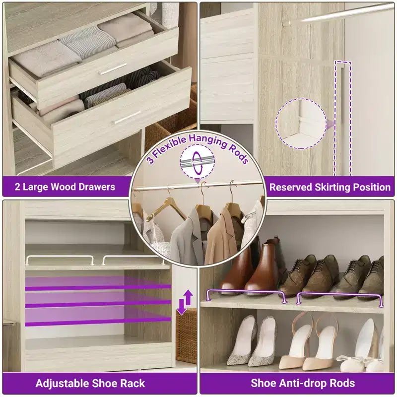 Besiost 8FT Closet Organizer with Extendable Hanging Rod, Wood Closet System with Drawer