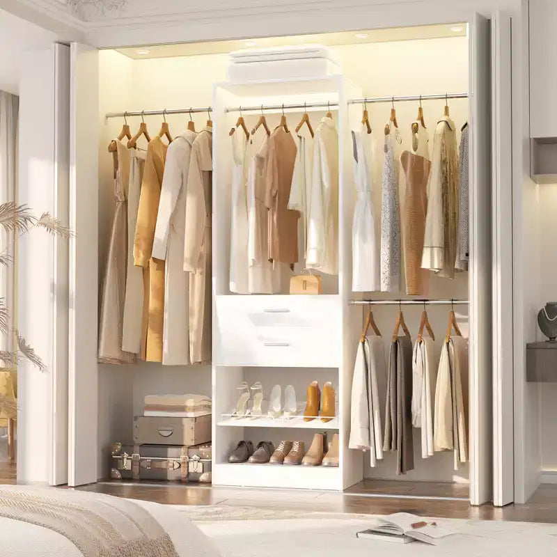 Besiost 8FT Closet Organizer with Extendable Hanging Rod, Wood Closet System with Drawer