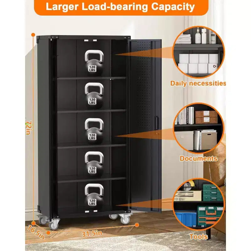 Garvee 72 inch Metal Garage Cabinet with Pegboard, Tall Storage Cabinets W/Doors & Adjustable Shelves, Black
