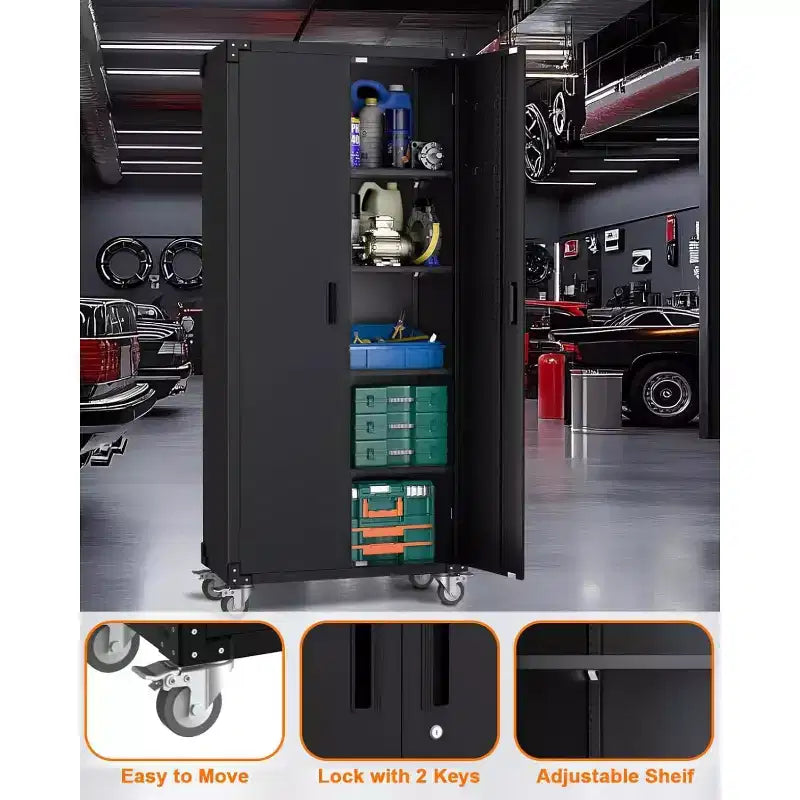 Garvee 72 inch Metal Garage Cabinet with Pegboard, Tall Storage Cabinets W/Doors & Adjustable Shelves, Black