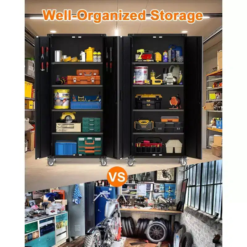 Garvee 72 inch Metal Garage Cabinet with Pegboard, Tall Storage Cabinets W/Doors & Adjustable Shelves, Black
