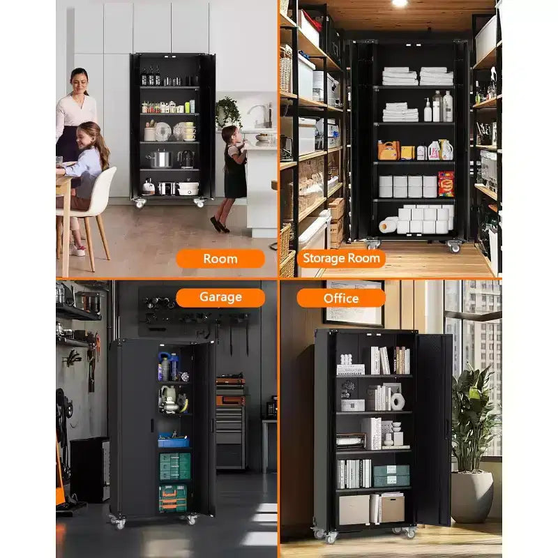 Garvee 72 inch Metal Garage Cabinet with Pegboard, Tall Storage Cabinets W/Doors & Adjustable Shelves, Black