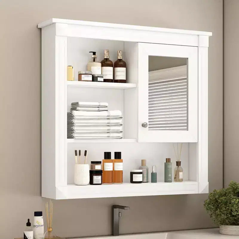 FAMYYT 32 in. W x 28 in. H Rectangular MDF Medicine Cabinet with Mirror, 5 Removable Shelves, Soft-closing Hinges