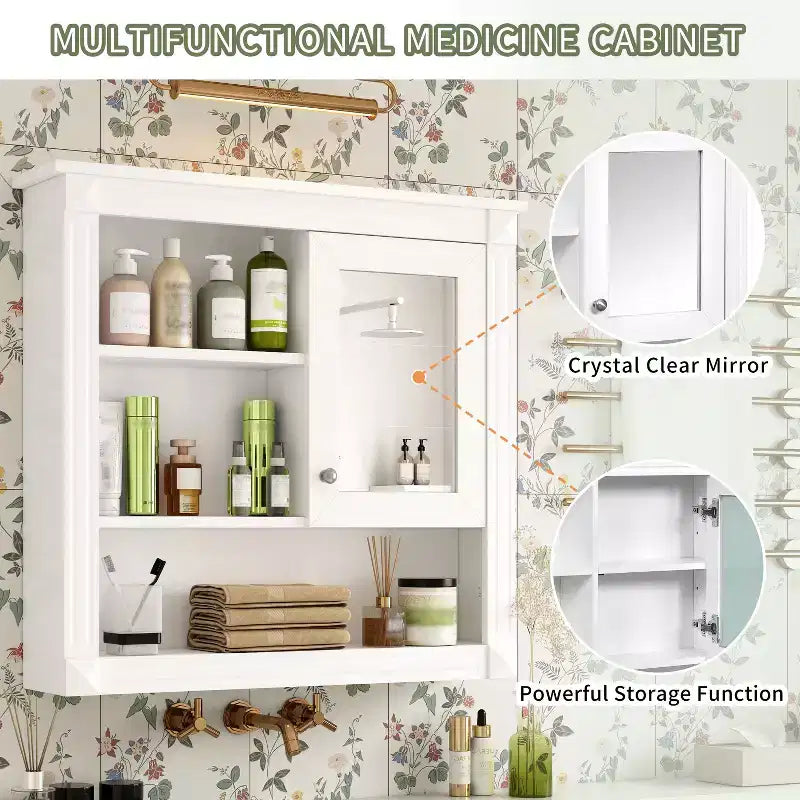 FAMYYT 32 in. W x 28 in. H Rectangular MDF Medicine Cabinet with Mirror, 5 Removable Shelves, Soft-closing Hinges