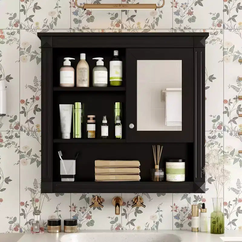 FAMYYT 32 in. W x 28 in. H Rectangular MDF Medicine Cabinet with Mirror, 5 Removable Shelves, Soft-closing Hinges