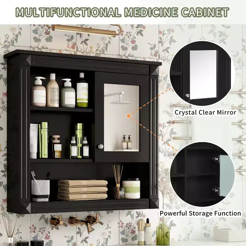 FAMYYT 32 in. W x 28 in. H Rectangular MDF Medicine Cabinet with Mirror, 5 Removable Shelves, Soft-closing Hinges