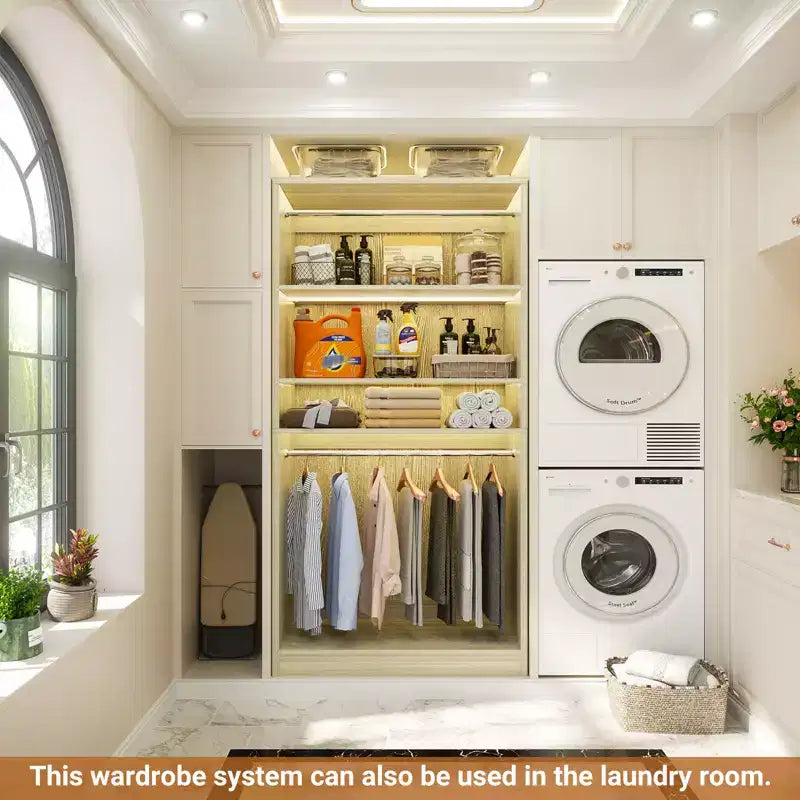 Besiost 36 Wooden Closet Organizer with Adjustable Shelves, Freestanding Wardrobe with Hanging Rails