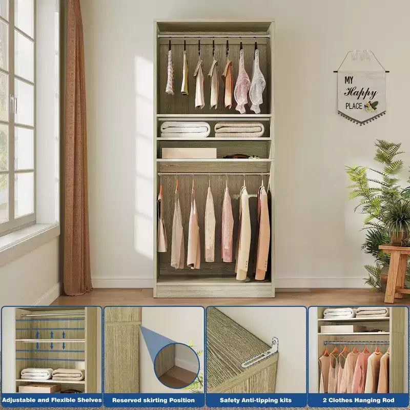 Besiost 36 Wooden Closet Organizer with Adjustable Shelves, Freestanding Wardrobe with Hanging Rails