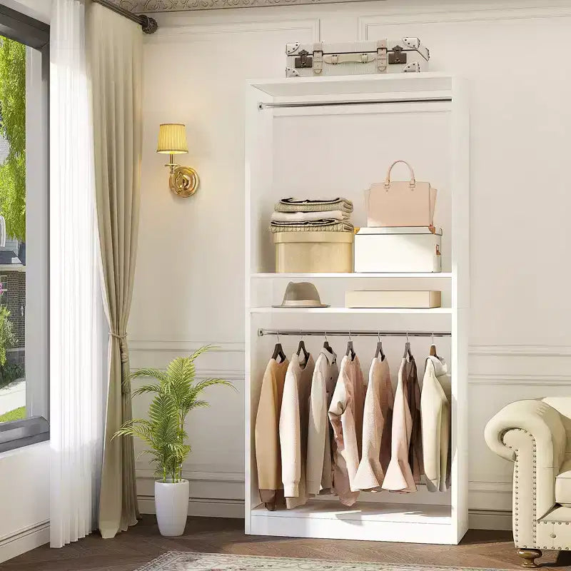 Besiost 36 Wooden Closet Organizer with Adjustable Shelves, Freestanding Wardrobe with Hanging Rails