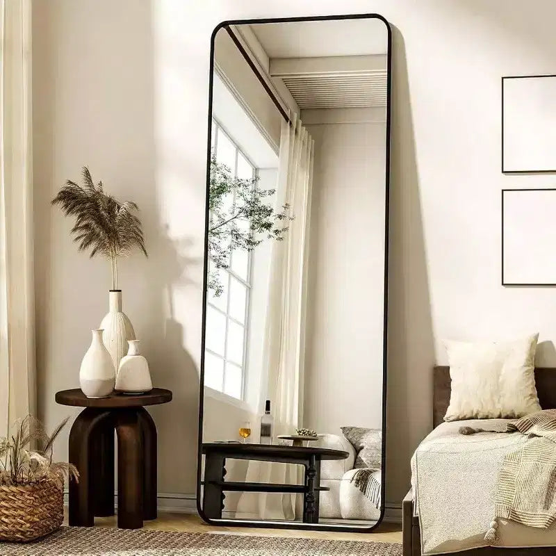 56 inchx 21 inch floor full length mirror standing full body rounded corner rectangle mirrors with stand black bedroom living room
