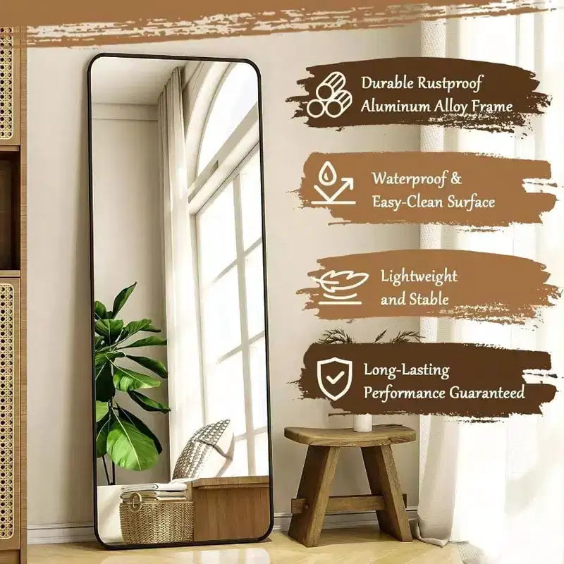 56 inchx 21 inch floor full length mirror standing full body rounded corner rectangle mirrors with stand black bedroom living room