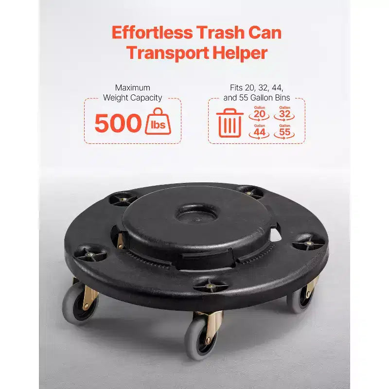 VEVOR Trash Can Dolly, Fit 20, 32, 44, 55 Gallon Containers, Round Trash Can Roller Base with 4 Lockable Wheels, 500lbs Weight Capacity, Black