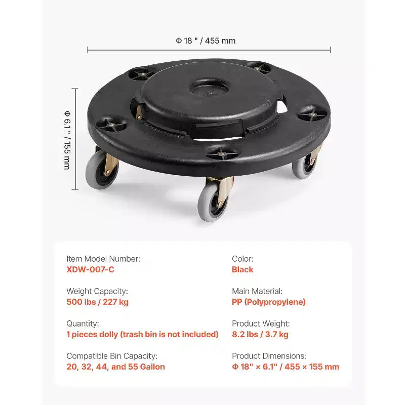 VEVOR Trash Can Dolly, Fit 20, 32, 44, 55 Gallon Containers, Round Trash Can Roller Base with 4 Lockable Wheels, 500lbs Weight Capacity, Black
