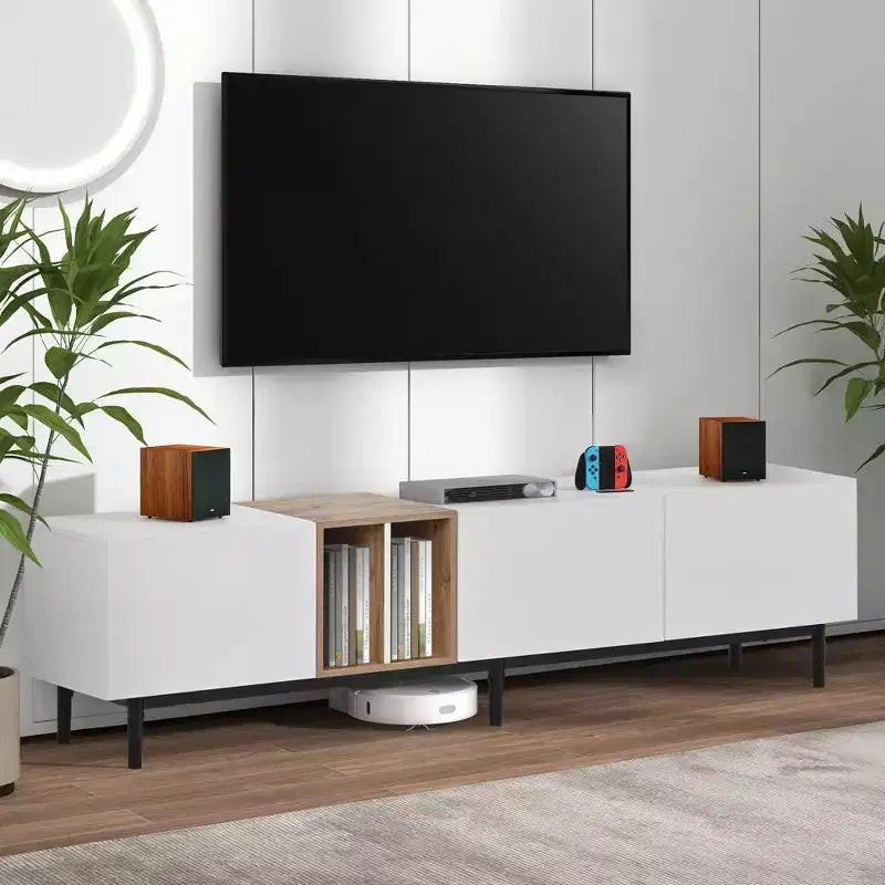 MAYEERTY Modern TV Stand for 80 TV with 3 Doors, Entertain Center with Large Storage Cabinet for Living Room Bedroom White