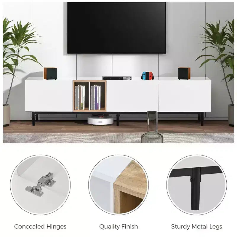 MAYEERTY Modern TV Stand for 80 TV with 3 Doors, Entertain Center with Large Storage Cabinet for Living Room Bedroom White