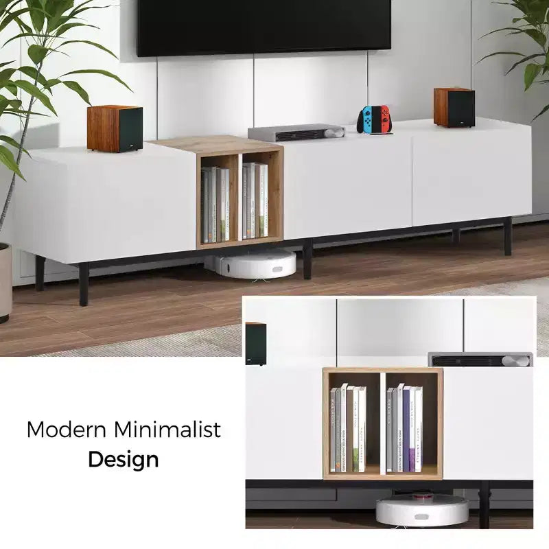 MAYEERTY Modern TV Stand for 80 TV with 3 Doors, Entertain Center with Large Storage Cabinet for Living Room Bedroom White