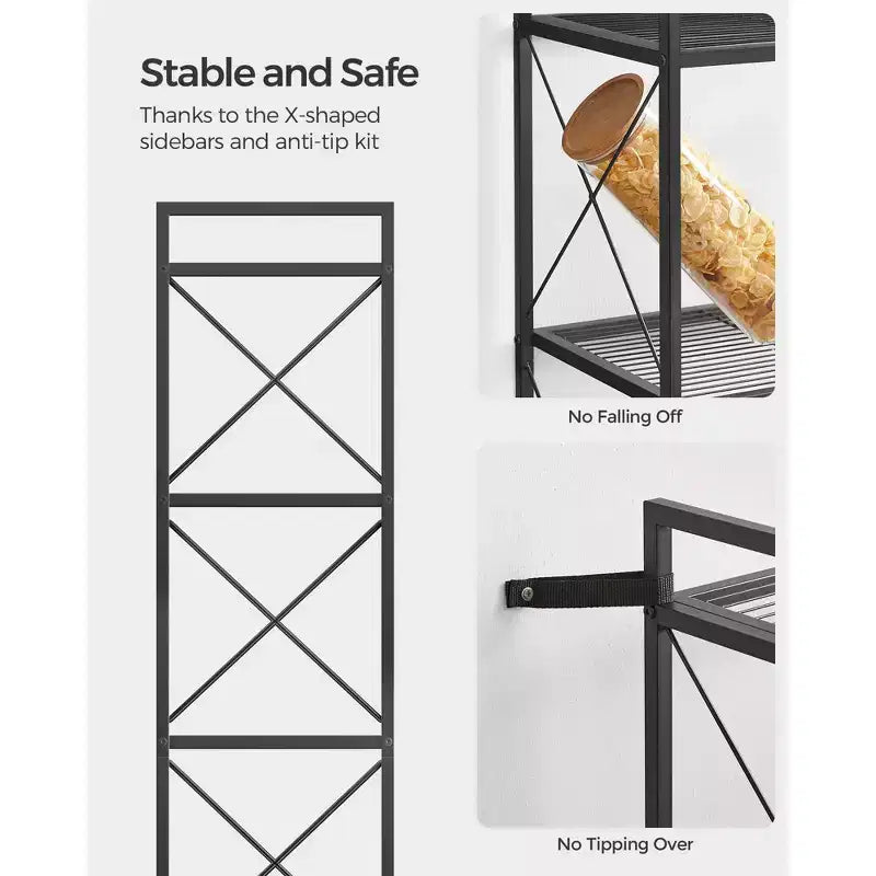 4-Tier Metal Storage Rack, 44.3 Inch Shelving Unit with X-Bar Frames & Adjustable Feet, 110 lb per Shelf, for Entryway Kitchen Bathroom, Ink Black